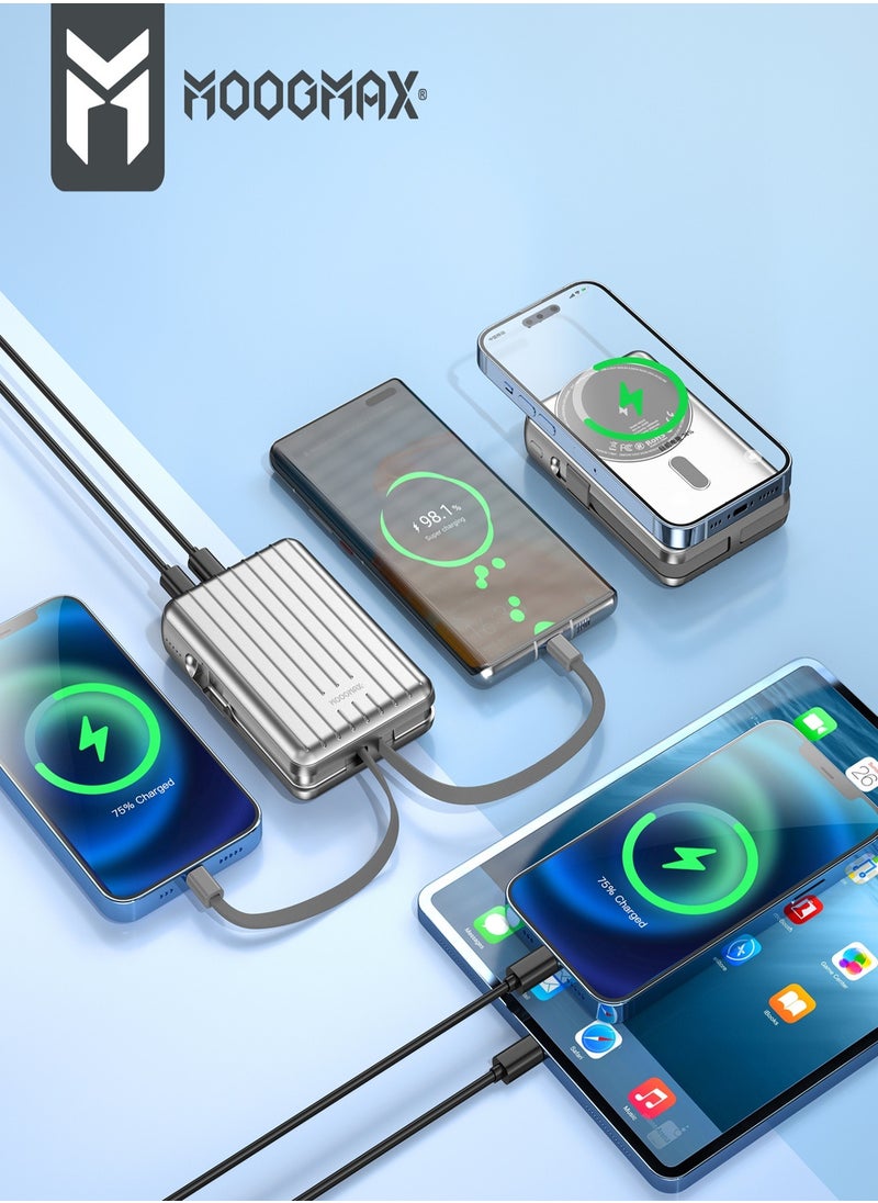 MOOGMAX - Trunk power bank 10000 mAh. Small magnetic wireless powerbank. magsafe power bank with 3 ports (USB & Type-C PD & Lightning). portable charger with built-in fabric charging cables (Type-C & Lightning for iPhone).wireless power bank fast charging with 15W wireless charging & 22.5W for ports & cables. Silver - Image 1
