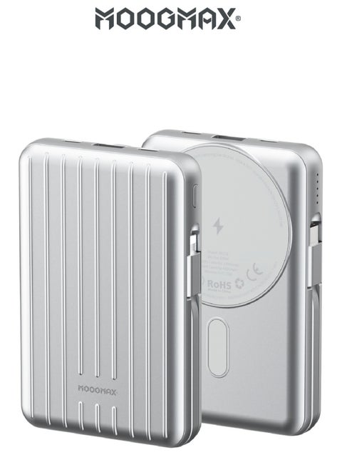 Trunk power bank 10000 mAh. Small magnetic wireless powerbank. magsafe power bank with 3 ports (USB & Type-C PD & Lightning). portable charger with built-in fabric charging cables (Type-C & Lightning for iPhone).wireless power bank fast charging with 15W wireless charging & 22.5W for ports & cables. Silver