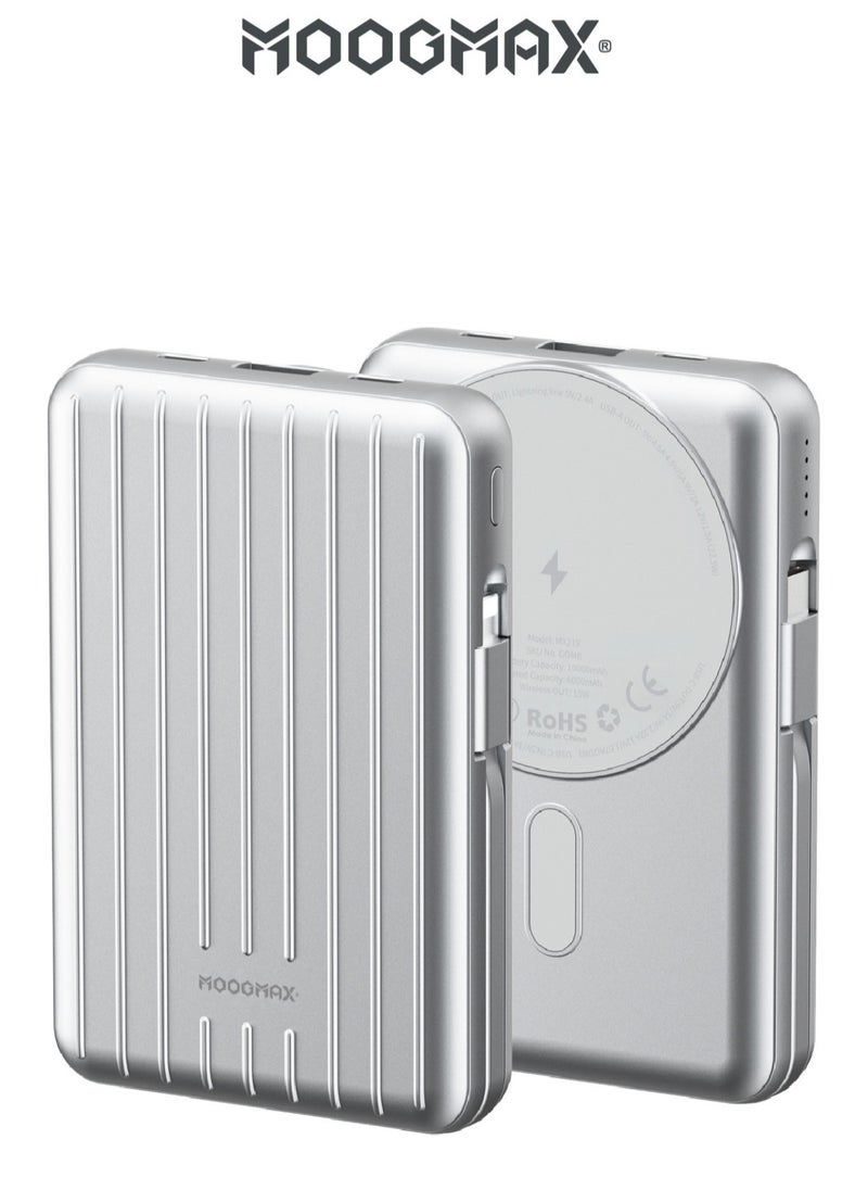 MOOGMAX - Trunk power bank 10000 mAh. Small magnetic wireless powerbank. magsafe power bank with 3 ports (USB & Type-C PD & Lightning). portable charger with built-in fabric charging cables (Type-C & Lightning for iPhone).wireless power bank fast charging with 15W wireless charging & 22.5W for ports & cables. Silver - Image 1