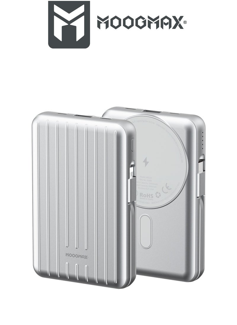MOOGMAX - Trunk 10000mAh A Wireless magnetic power bank 22.5W supports fast charging & 15W wireless charging and three ports Type-C & Type-A and a lightning port for charging the power bank. Silver color - Image 1