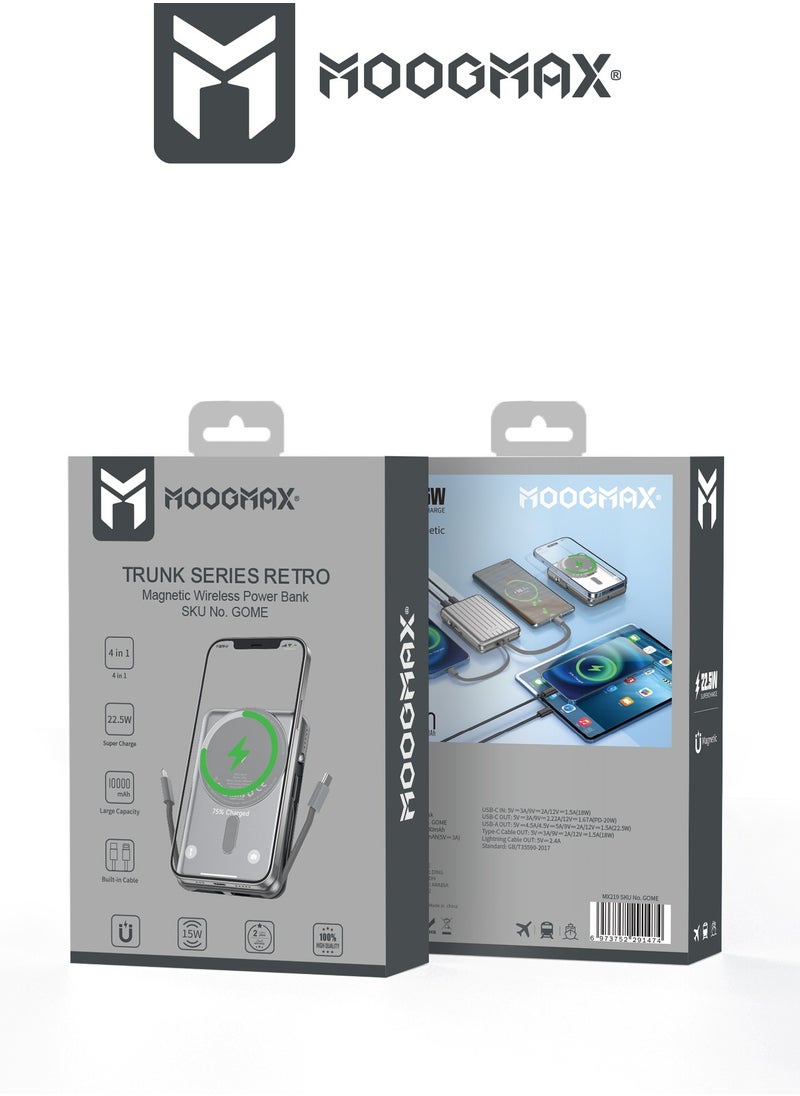 MOOGMAX - Trunk 10000mAh A Wireless magnetic power bank 22.5W supports fast charging & 15W wireless charging and three ports Type-C & Type-A and a lightning port for charging the power bank. Silver color - Image 1