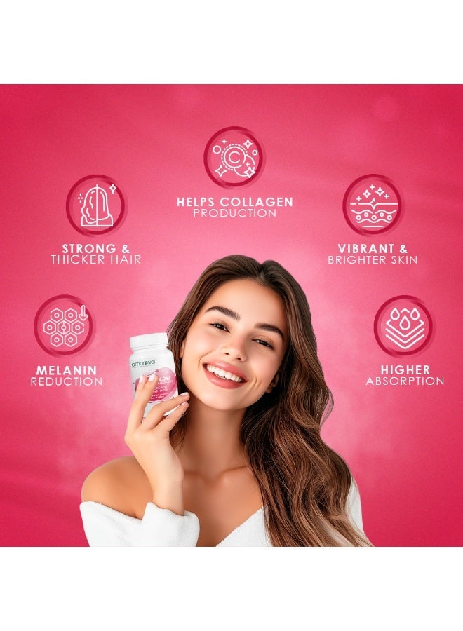 أمبروسيال أقراص أمبروسيل غلوتا-غلو إل-غلوتاثيون ٥٠٠ ملغ مع فيتامين سي، وفيتامين هـ، وحمض الهيالورونيك، والليكوبين، والبيوتين - مكمل غذائي ياباني من إل-غلوتاثيون - ٣٠ قرصًا نباتيًا - Image 2