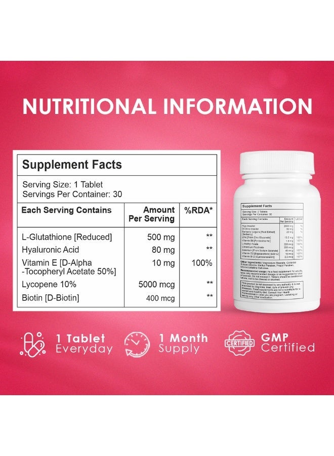 أمبروسيال أقراص أمبروسيل غلوتا-غلو إل-غلوتاثيون ٥٠٠ ملغ مع فيتامين سي، وفيتامين هـ، وحمض الهيالورونيك، والليكوبين، والبيوتين - مكمل غذائي ياباني من إل-غلوتاثيون - ٣٠ قرصًا نباتيًا - Image 4