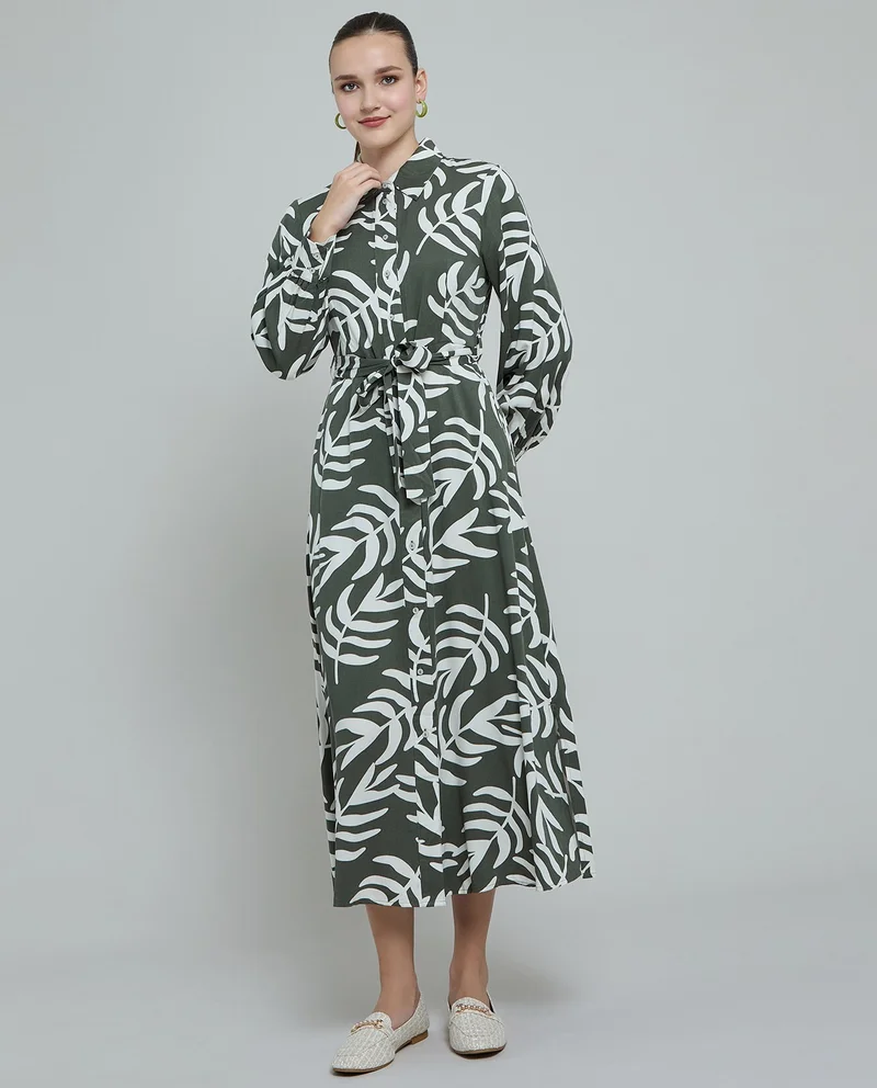 أر أند بي Patterned Shirt Dress with Long Sleeves