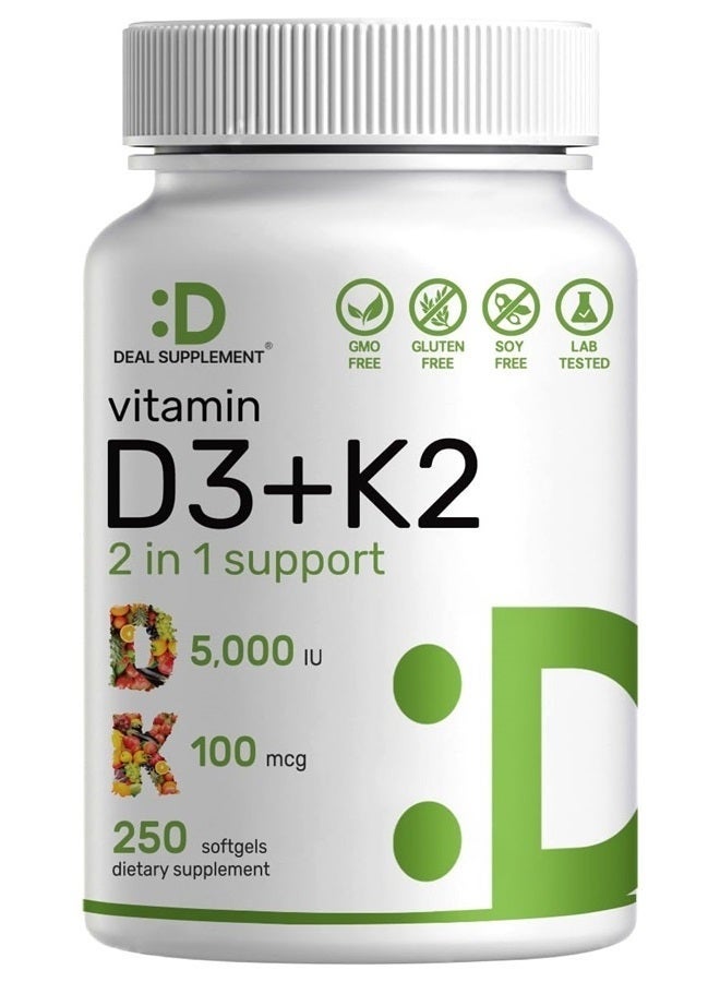 DEAL SUPPLEMENT Vitamin D3 K2 Softgels 5000 IU + MK7 – 2-in-1 Complex for Heart, Bone & Teeth Health | Easy to Swallow | 250 Softgels - Image 1