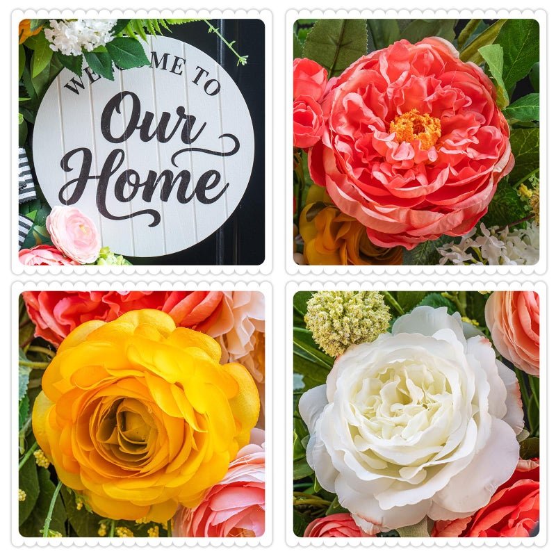 Soomeir Spring Wreaths for Front Door 24 Inch, Half Moon Spring Wreath with Peony, Rose & Dalia, Outdoor Summer Wreaths for Front Door Outside, Summer Wreath for Front Door Farmhouse Welcome Sign Door Decor - Image 4