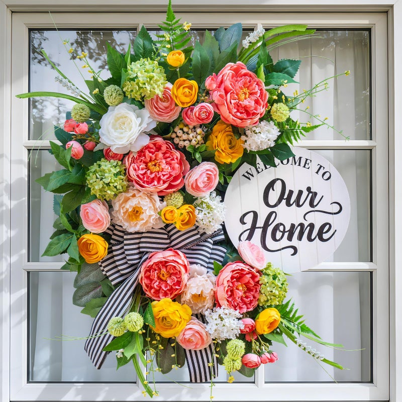 Soomeir Spring Wreaths for Front Door 24 Inch, Half Moon Spring Wreath with Peony, Rose & Dalia, Outdoor Summer Wreaths for Front Door Outside, Summer Wreath for Front Door Farmhouse Welcome Sign Door Decor - Image 2