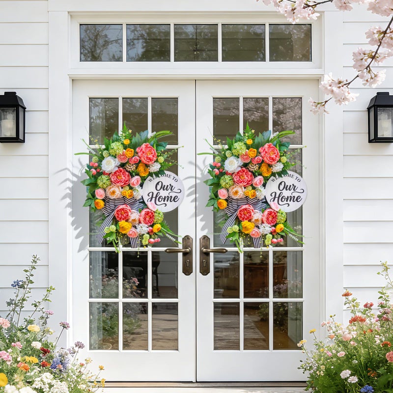 Soomeir Spring Wreaths for Front Door 24 Inch, Half Moon Spring Wreath with Peony, Rose & Dalia, Outdoor Summer Wreaths for Front Door Outside, Summer Wreath for Front Door Farmhouse Welcome Sign Door Decor - Image 5