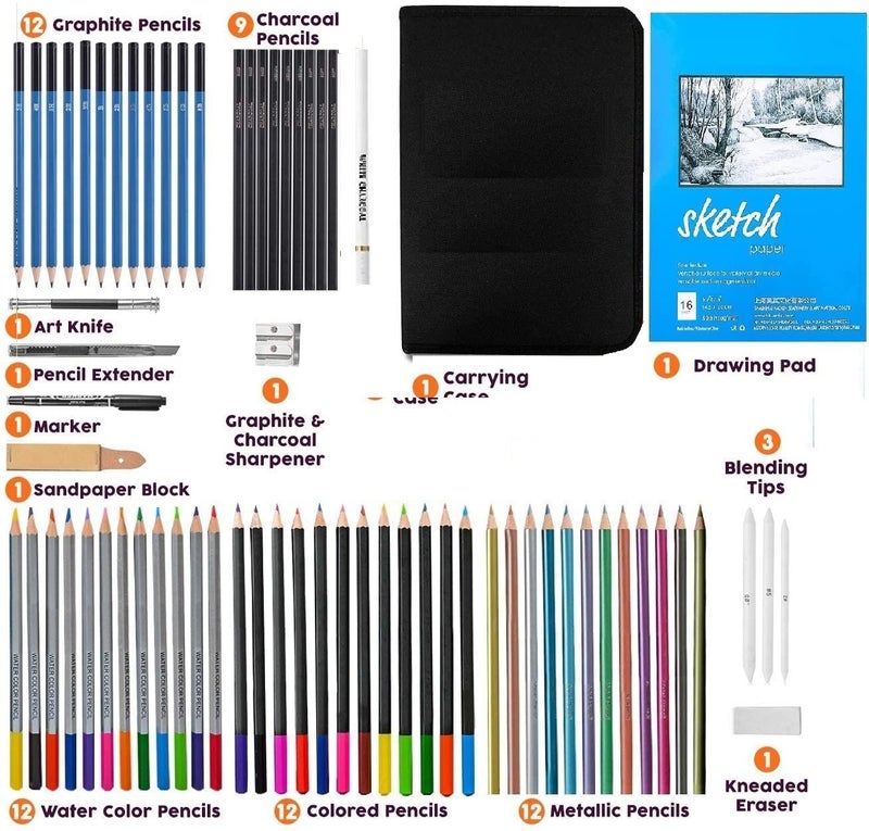 Corslet 73 Pack Pencil Colors | Drawing Kit For Artist | Sketch Kit with Colored Graphite Charcoal Watercolor & Metallic Colour Pencils, Sketch Book & Art Supplies for Artist - Image 2