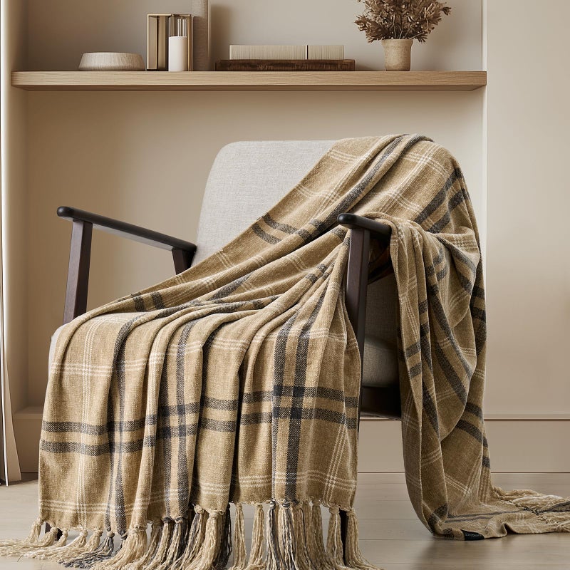 EverGrace Plaid Chenille Throw Blanket for Couch Super Soft Cozy Decorative Farmhouse Plaid Throw with Tassels Lightweight Chenille Knit Throw for Bed Sofa Gift Home Decor Khaki Grey 50x60 - Image 2