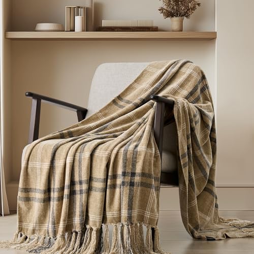 EverGrace Plaid Chenille Throw Blanket for Couch Super Soft Cozy Decorative Farmhouse Plaid Throw with Tassels Lightweight Chenille Knit Throw for Bed Sofa Gift Home Decor Khaki Grey 50x60 - Image 1