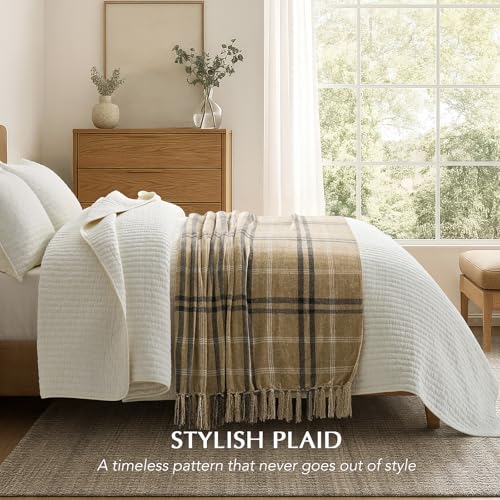 EverGrace Plaid Chenille Throw Blanket for Couch Super Soft Cozy Decorative Farmhouse Plaid Throw with Tassels Lightweight Chenille Knit Throw for Bed Sofa Gift Home Decor Khaki Grey 50x60 - Image 3