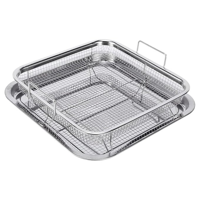 AIR FRYER BASKET SQUARE STAINLESS STEEL CRISPER TRAY NON STICK BAKING CRISPY CHICKEN FRENCH FRIES ONION RINGS PAN MESH FRY COOKWARE 2 PIECES SILVER OIL FRYING CHIPS 29X29X9 CM
