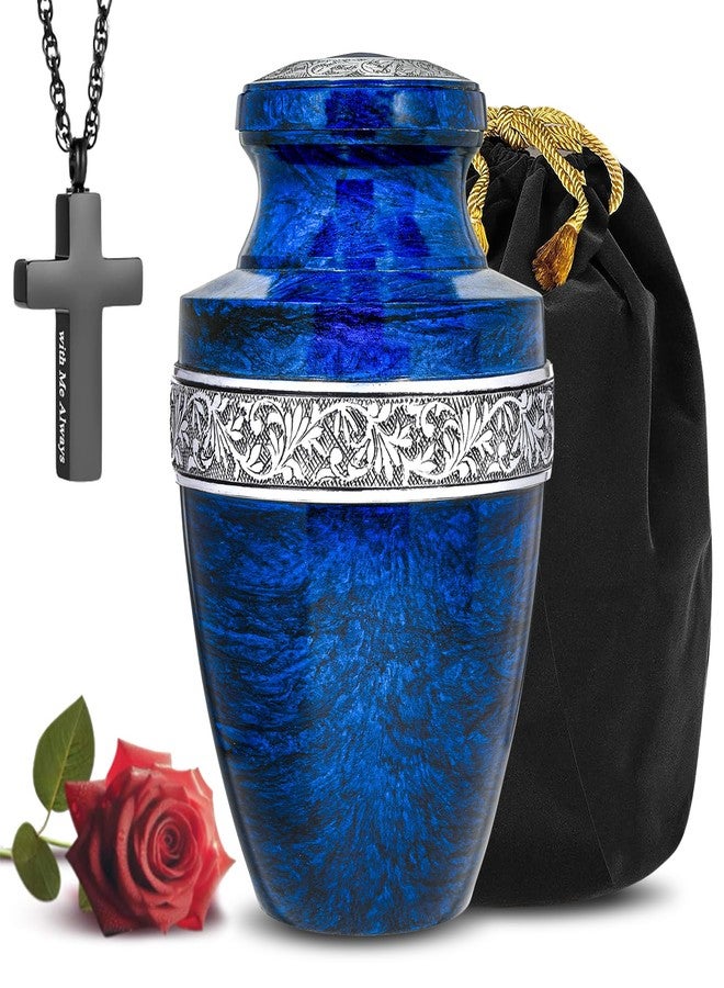 LIFAG Blue Urn for Ashes Adult Male & Female With Cross Necklace for Ashes of Loved One | Large Cremation Urns for Human Ashes Adult Man | Burial Urn, Decorative Memorial Funeral Urns for Ashes Holds 220lbs - Image 1