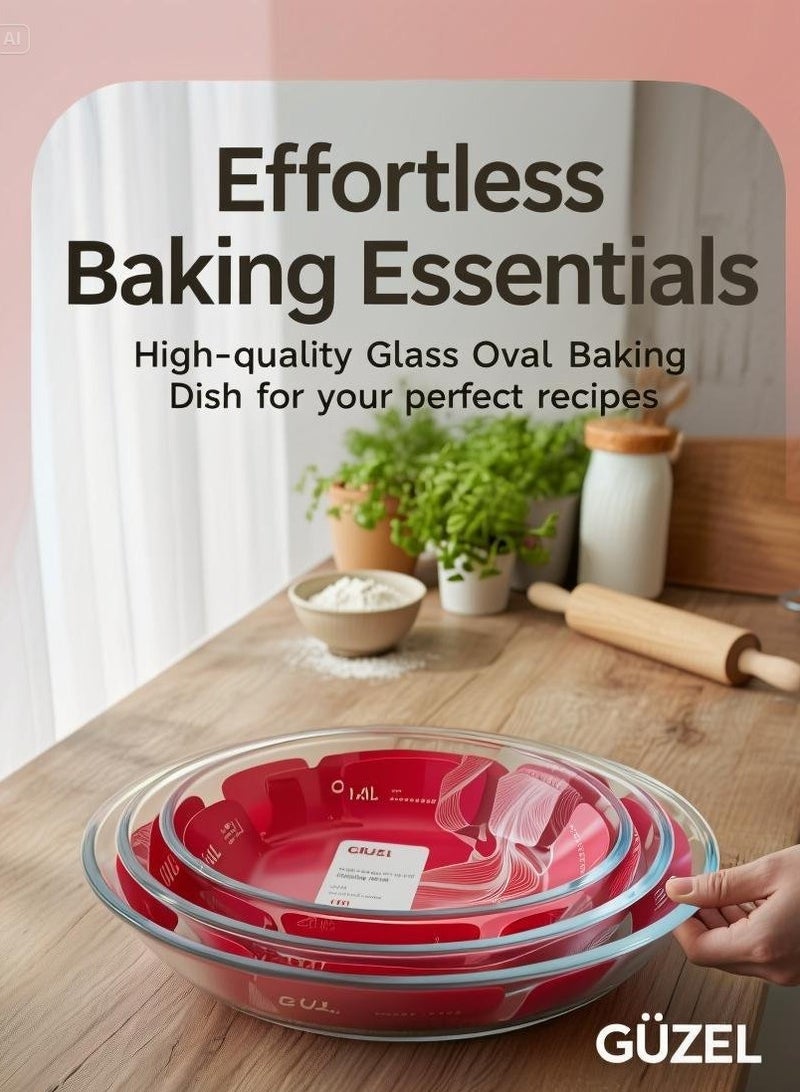 جوزيل طقم أطباق فرن زجاجية بيضاوية 3 قطع الأحجام: صغير 1.6 لتر، متوسط 2.4 لتر، كبير 3.0 لتر - Image 2