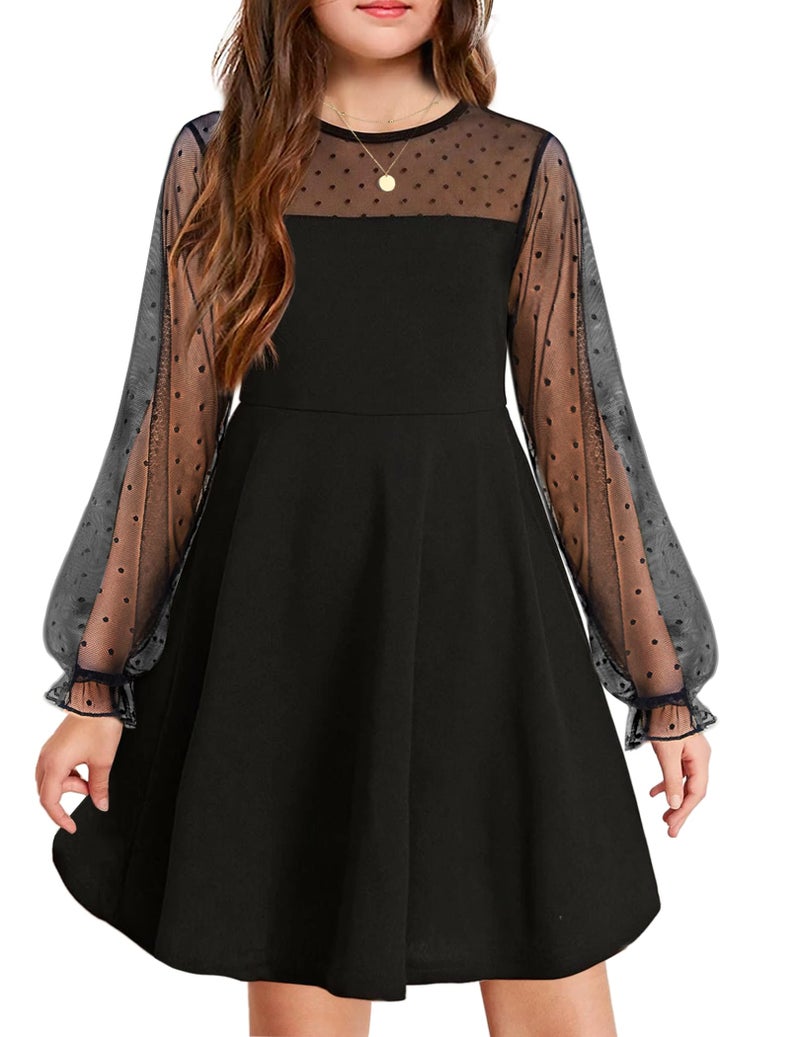 Arshiner Girl's Contrast Mesh Puff Long Sleeve High Waist A Line Black Short Dress with Pockets 11-12 Years - Image 1