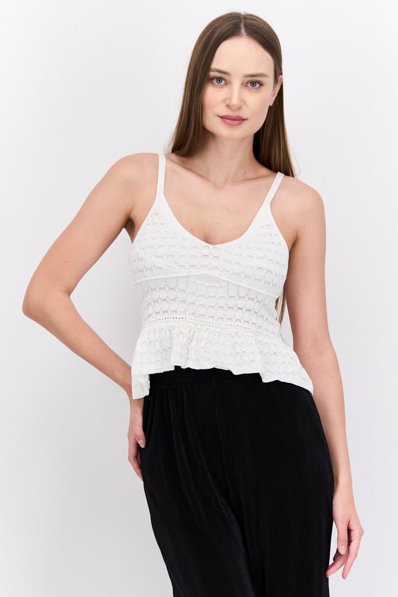 Reserved Women V Neck Sleeveless Textured Crop Top, White  - Image 1