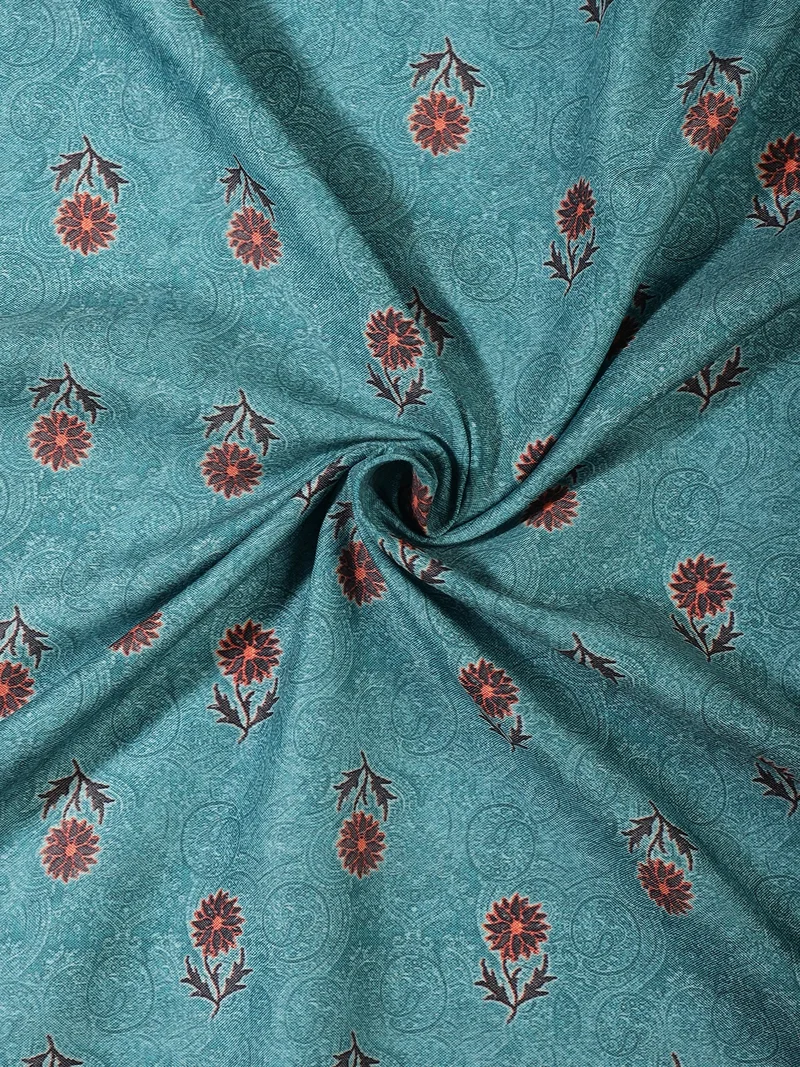 أيه كيه إس Teal Floral Block Print Fabric for Crafting