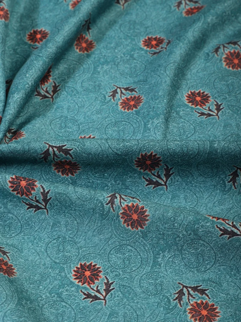 أيه كيه إس Teal Floral Block Print Fabric for Crafting