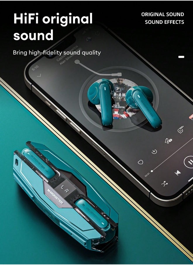 Monster - Monster XKT08 Pro Wireless Bluetooth Earbuds Gaming Headphones Deep Bass Low Latency Game Headset with Built-in Microphone For Gaming Noise Canceling Headsets Green - Image 1