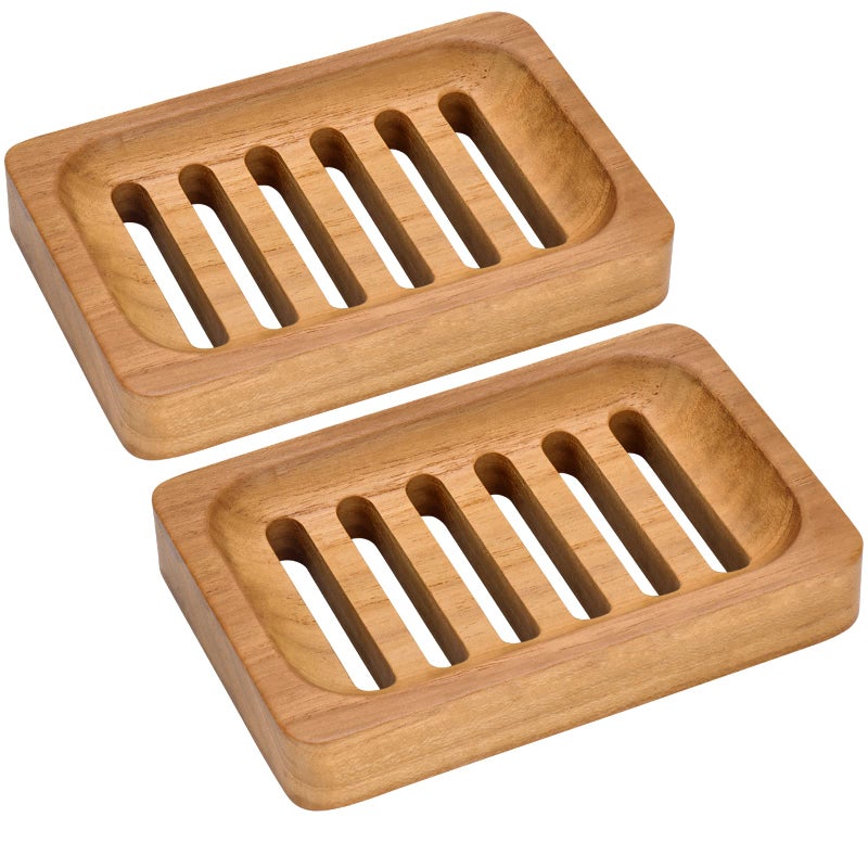 DEBETOOL Teak Wood Soap Dish 2 Pack Waterproof Self Draining Soap Dish  Natural Wooden Bar Soap Holder for Bathroom and Kitchen