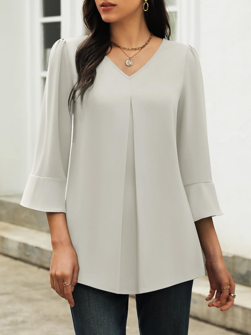 Funlingo Tunic Tops for Women Dressy Casual Fall Chiffon Blouses Business Work Ladies Trendy Front Pleated Shirts Formal Clothing Grey S - Image 2