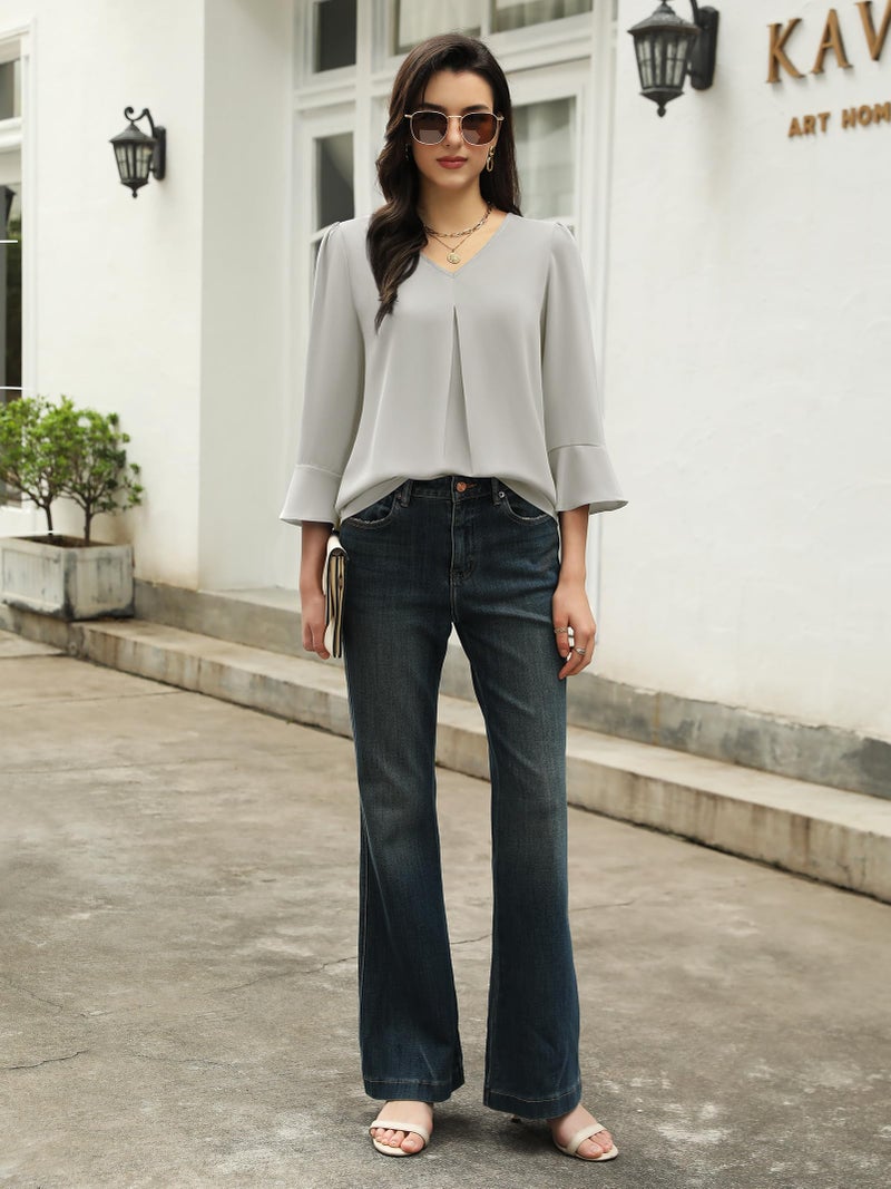 Funlingo Tunic Tops for Women Dressy Casual Fall Chiffon Blouses Business Work Ladies Trendy Front Pleated Shirts Formal Clothing Grey S - Image 5