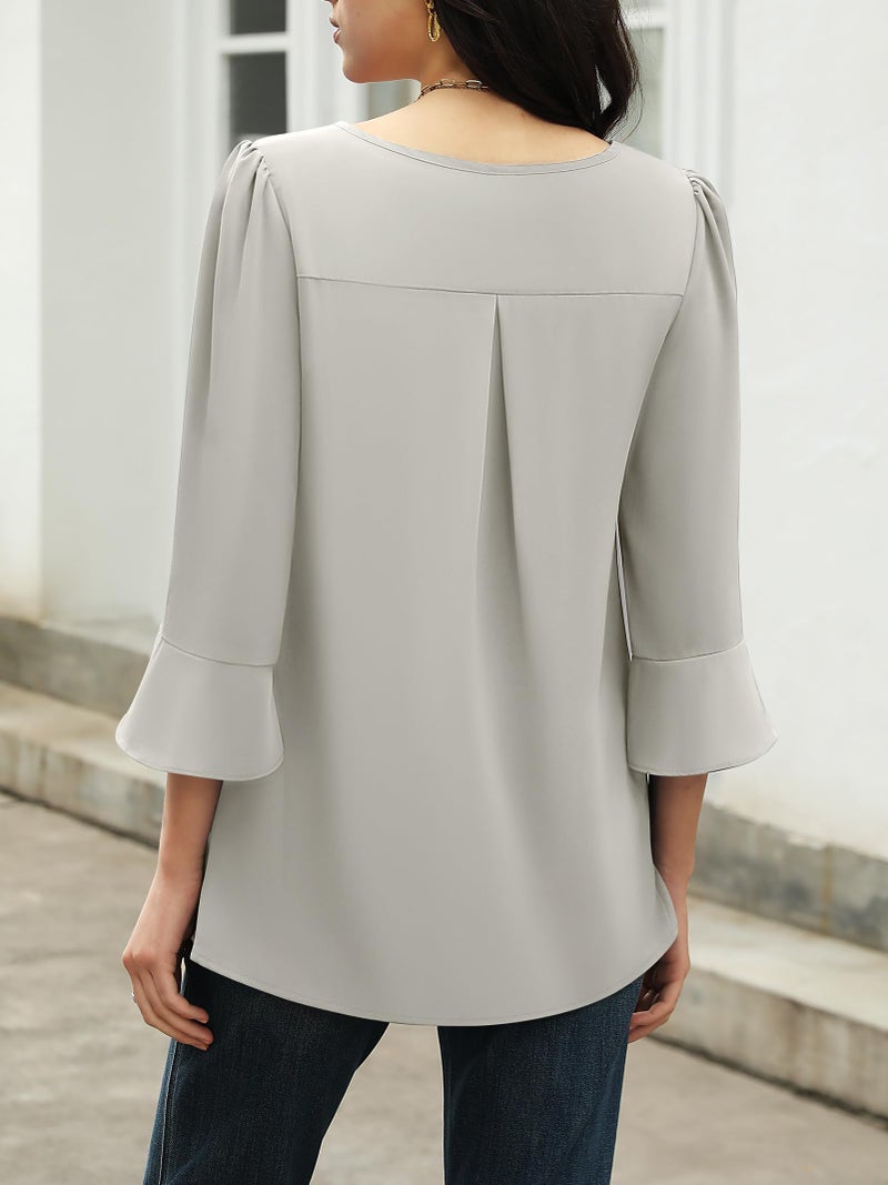 Funlingo Tunic Tops for Women Dressy Casual Fall Chiffon Blouses Business Work Ladies Trendy Front Pleated Shirts Formal Clothing Grey S - Image 3