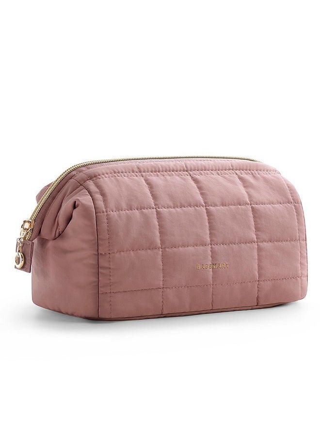 BAGSMART Makeup Bag Travel Toiletry Bag, Puffy Padded Make Up Bags For Women Makeup Organizer Case, Wide-Open Pouch Purse Travel Essentials Toiletries Accessories Brushes, Dark Pink  - Image 1