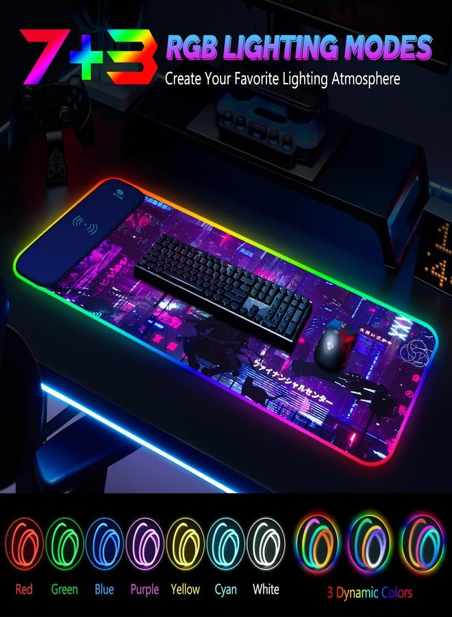 Lauspuck RGB Mouse Pad with 15W Wireless Charging, Purple Anime Neon Extended Large LED Gaming Mouse Pad Non-Slip Rubber Base, 10 Light Modes Desk Pad for Home Office-Warrior Cat - Image 2