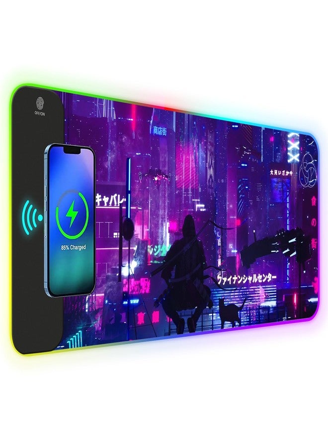 Lauspuck RGB Mouse Pad with 15W Wireless Charging, Purple Anime Neon Extended Large LED Gaming Mouse Pad Non-Slip Rubber Base, 10 Light Modes Desk Pad for Home Office-Warrior Cat - Image 1