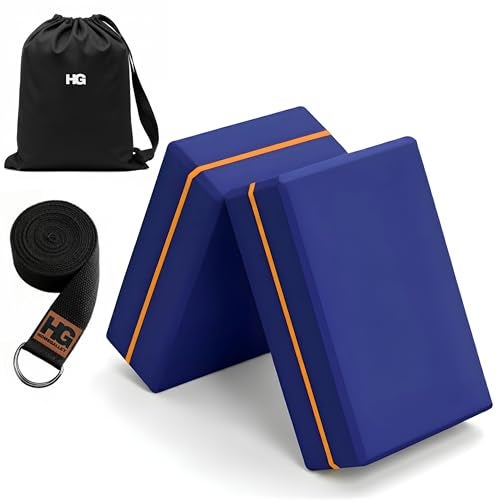 HOMEGALLEY Yoga Blocks Pack of 2 with Belt for Exercise High Density Eva Exercise Block Pair to Improve Strength, Balance, Stretching Yoga Bricks Set with Strap for Women and Men, Navy Blue - Image 1