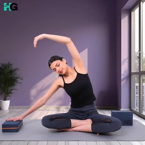 HOMEGALLEY Yoga Blocks Pack of 2 with Belt for Exercise High Density Eva Exercise Block Pair to Improve Strength, Balance, Stretching Yoga Bricks Set with Strap for Women and Men, Navy Blue - Image 2
