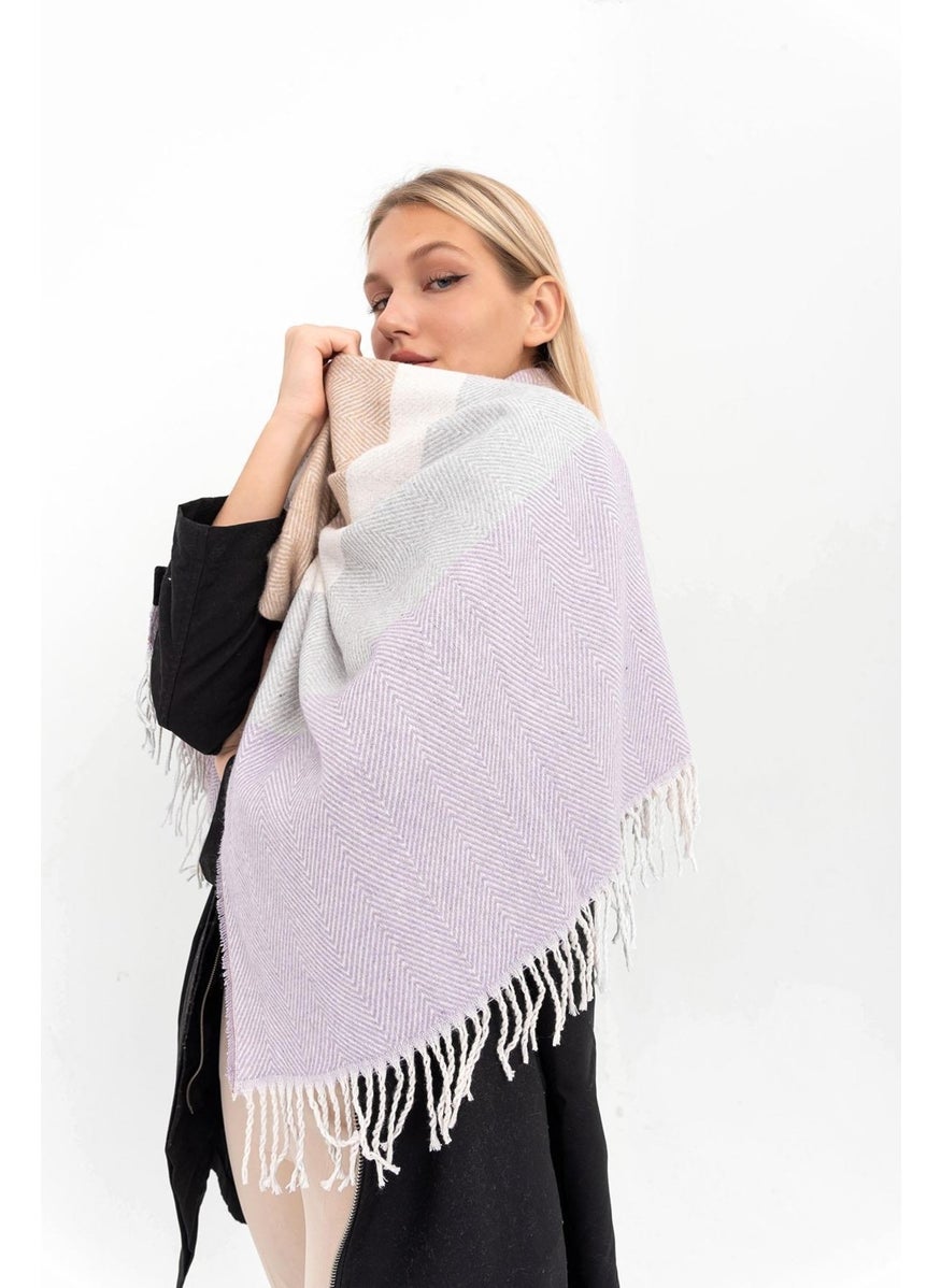 Saria Moda - Soft Textured Herringbone Pattern Lilac-Beige Shoulder Shawl - Image 1