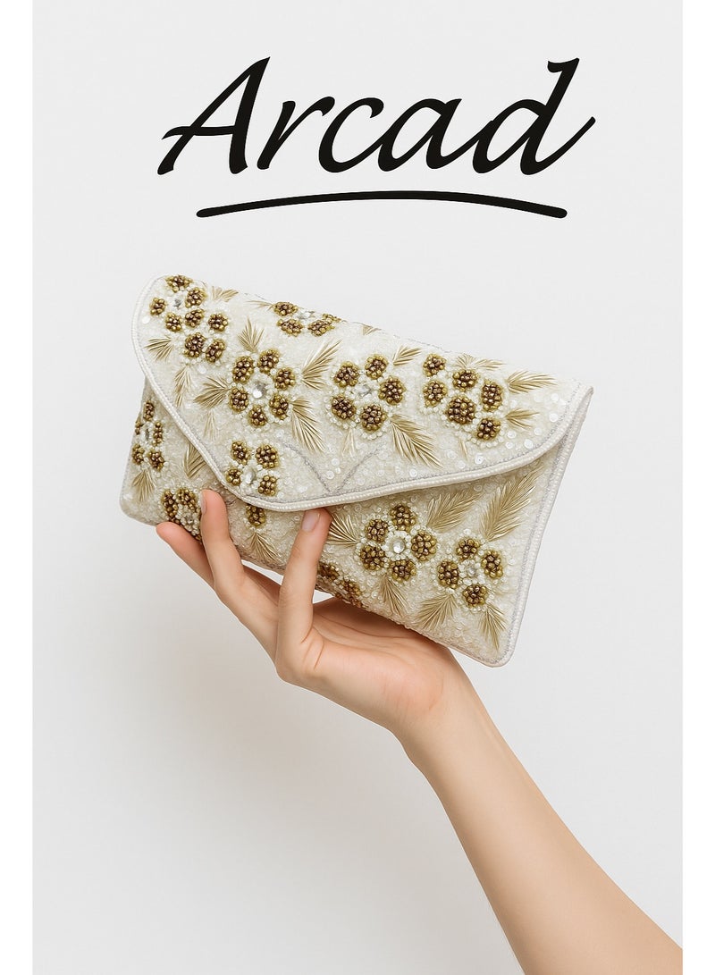 أركاد حقيبة كلاتش زفاف ذهبية من أركاد، مصنوعة يدويًا، مزينة بالخرز، مصنوعة في الهند - Image 1