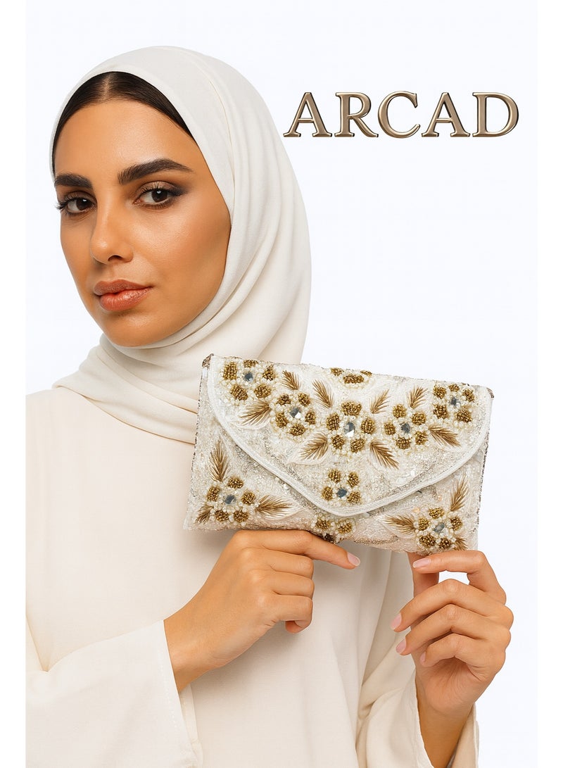 أركاد حقيبة كلاتش زفاف ذهبية من أركاد، مصنوعة يدويًا، مزينة بالخرز، مصنوعة في الهند - Image 2