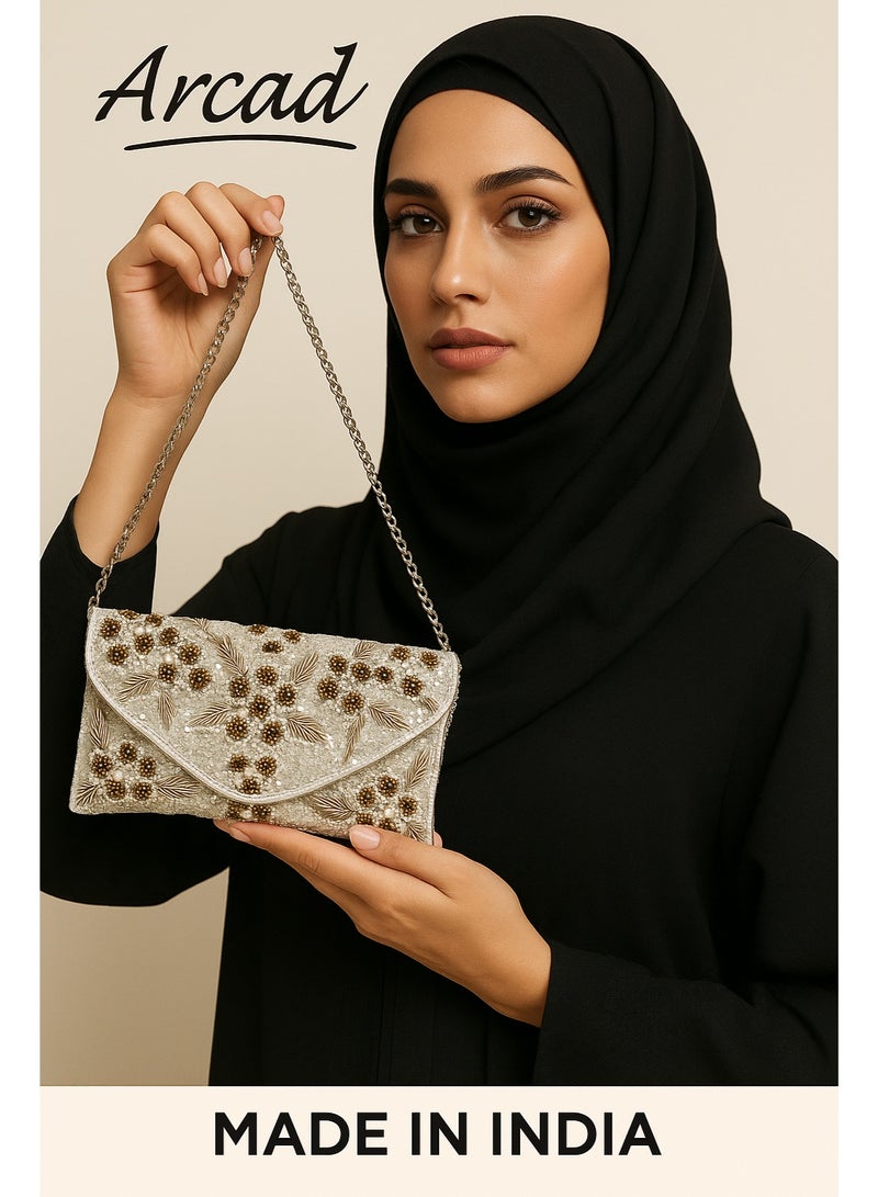 أركاد حقيبة كلاتش زفاف ذهبية من أركاد، مصنوعة يدويًا، مزينة بالخرز، مصنوعة في الهند - Image 4