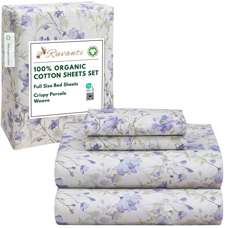 RUVANTI 100 Organic Cotton Sheets Full Size Percale Weave GOTS Certified 4Piece Set Deep Pocket 15 Crisp  Breathable Soft Durable Bedding Sbanas Algodn Orgnico  Heather