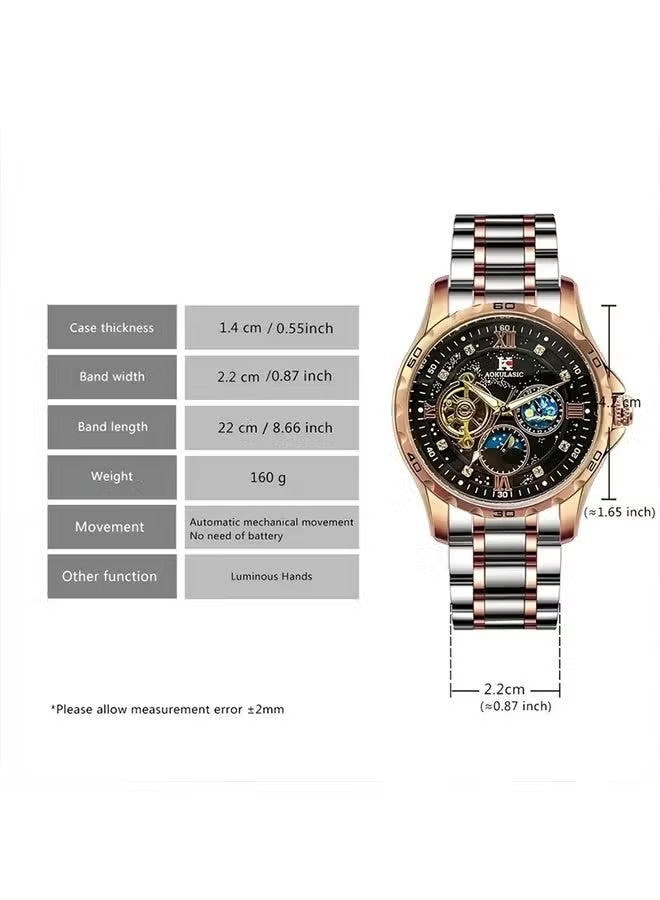 أوكولاسيك ساعة أوتوماتيكية للرجال، هيكل من الفولاذ المقاوم للصدأ، تقويم تاريخ ميكانيكي، علبة كلاسيكية فاخرة من الذهب الوردي، ميناء مضيء بالسماء المرصعة بالنجوم وحزام من الفولاذ المقاوم للصدأ، حركة توربيون أنيقة، أرقام عربية سوداء، مناسبة للعمل أو الترفيه - Image 3