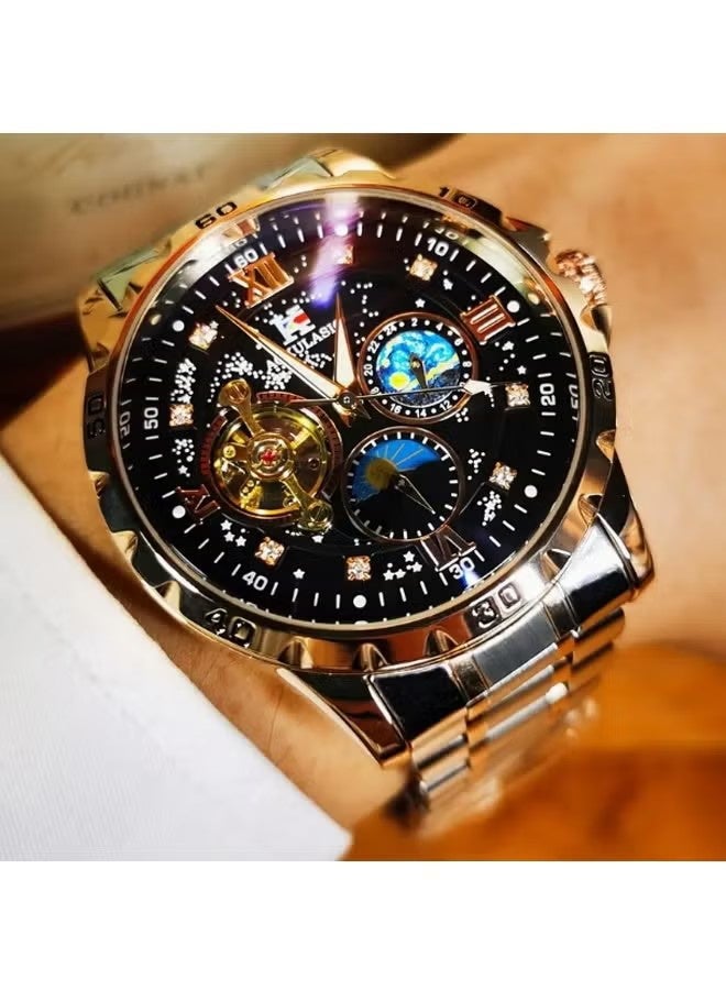 أوكولاسيك ساعة أوتوماتيكية للرجال، هيكل من الفولاذ المقاوم للصدأ، تقويم تاريخ ميكانيكي، علبة كلاسيكية فاخرة من الذهب الوردي، ميناء مضيء بالسماء المرصعة بالنجوم وحزام من الفولاذ المقاوم للصدأ، حركة توربيون أنيقة، أرقام عربية سوداء، مناسبة للعمل أو الترفيه - Image 1