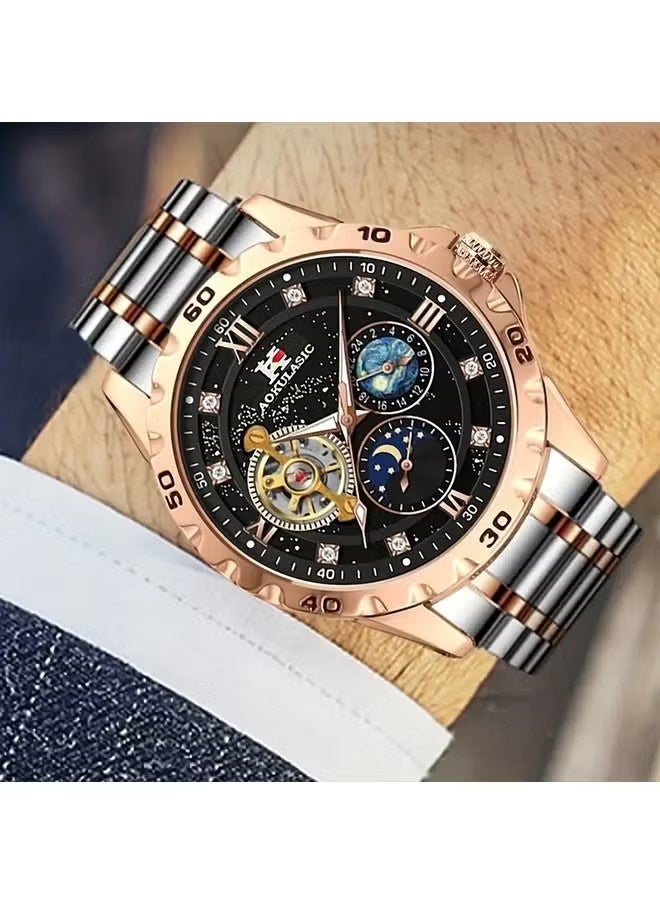 أوكولاسيك ساعة أوتوماتيكية للرجال، هيكل من الفولاذ المقاوم للصدأ، تقويم تاريخ ميكانيكي، علبة كلاسيكية فاخرة من الذهب الوردي، ميناء مضيء بالسماء المرصعة بالنجوم وحزام من الفولاذ المقاوم للصدأ، حركة توربيون أنيقة، أرقام عربية سوداء، مناسبة للعمل أو الترفيه - Image 5