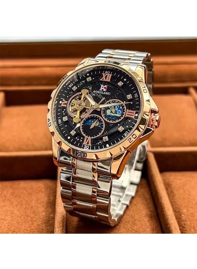 أوكولاسيك ساعة أوتوماتيكية للرجال، هيكل من الفولاذ المقاوم للصدأ، تقويم تاريخ ميكانيكي، علبة كلاسيكية فاخرة من الذهب الوردي، ميناء مضيء بالسماء المرصعة بالنجوم وحزام من الفولاذ المقاوم للصدأ، حركة توربيون أنيقة، أرقام عربية سوداء، مناسبة للعمل أو الترفيه - Image 2