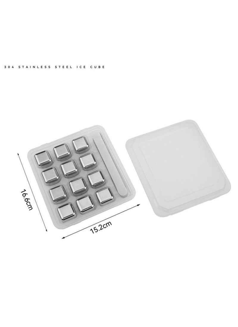 Generic - Set of 12 reusable stainless steel ice cubes with tongs and storage trays for quick cooling and preserving the flavour of drinks - Image 1