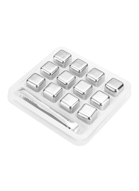 Set of 12 reusable stainless steel ice cubes with tongs and storage trays for quick cooling and preserving the flavour of drinks