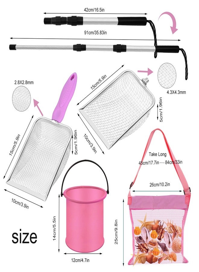 Waybas 4pcs Shelling Scooper Tools for Beach, Adjustable Shark Tooth Sand Sifter with Mesh Shell Collecting Bag Foldable Beach Bucket Beach Scoop Shovel Toys for Adults Kids Picking Seashell Rock Hunting(P) - Image 2