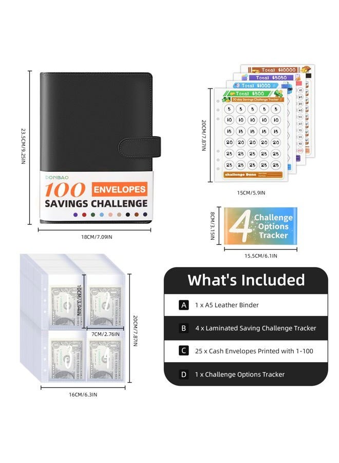 DONBAO 100 Envelopes Money Saving Challenge Binder, A5 Budget Binder with Envelopes and Challenge Tracker, 2024 New Savings Challenges Planner Book to Save $500, $1000, $5050, $10000 (Pure Black) - Image 3