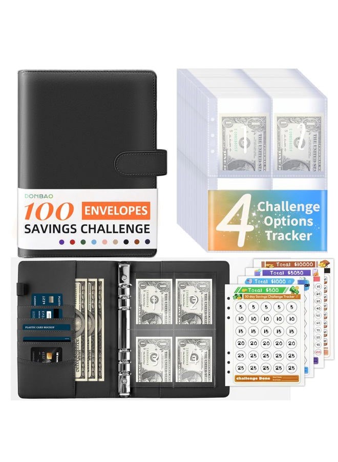 DONBAO 100 Envelopes Money Saving Challenge Binder, A5 Budget Binder with Envelopes and Challenge Tracker, 2024 New Savings Challenges Planner Book to Save $500, $1000, $5050, $10000 (Pure Black) - Image 1