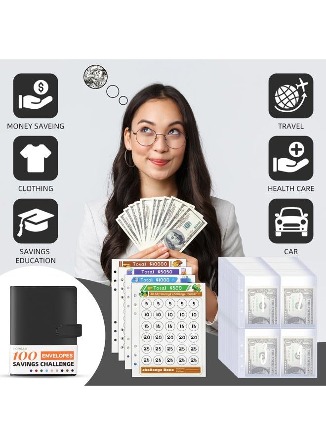 DONBAO 100 Envelopes Money Saving Challenge Binder, A5 Budget Binder with Envelopes and Challenge Tracker, 2024 New Savings Challenges Planner Book to Save $500, $1000, $5050, $10000 (Pure Black) - Image 2