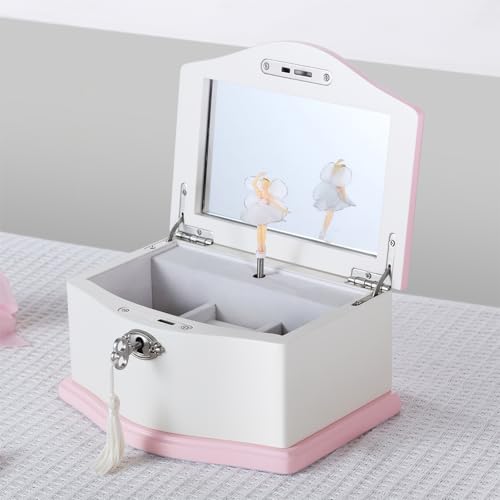 Jozen Gift Medium Ballerina Musical Jewelry Box with Mirror for Girls,Kid's Jewelry Storage Music Chest- (white/pink) - Image 1