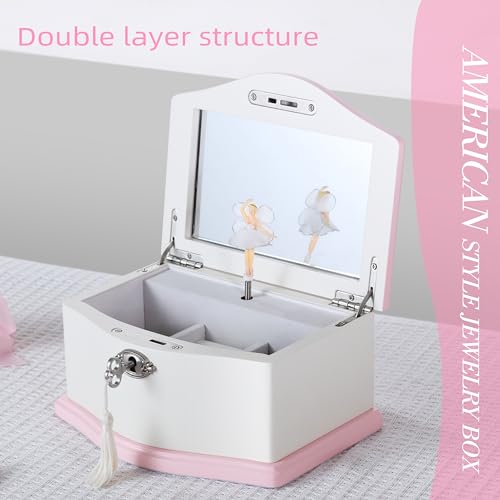 Jozen Gift Medium Ballerina Musical Jewelry Box with Mirror for Girls,Kid's Jewelry Storage Music Chest- (white/pink) - Image 3